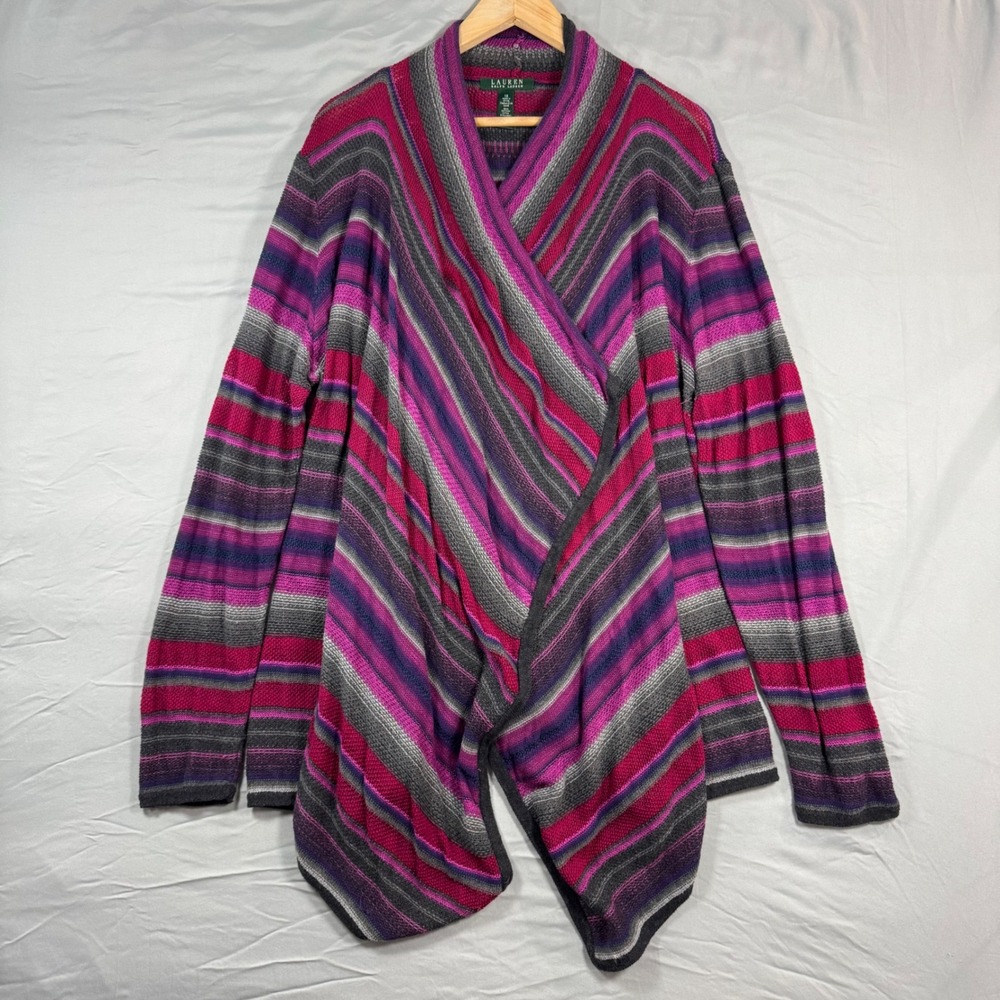 Lauren Ralph Lauren Striped Waterfall Open Front Cardigan Pink Linen‎ Blend 1X
